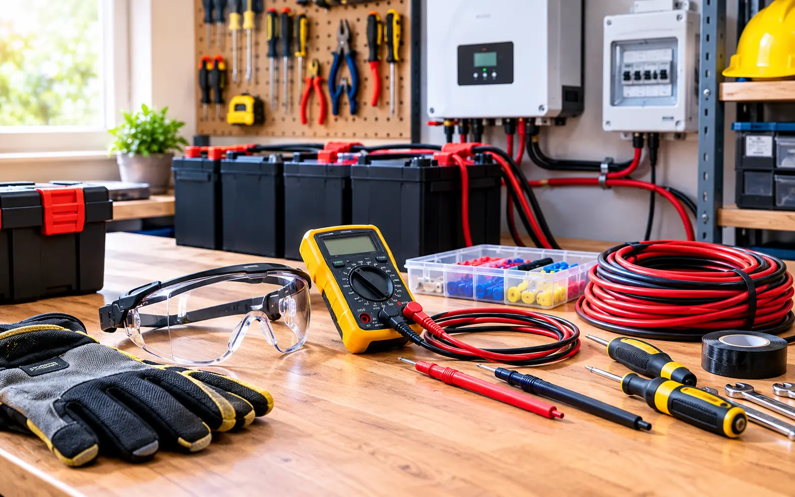 DIY home workshop bench with protective safety goggles, multimeter, tools, and insulated cabling.